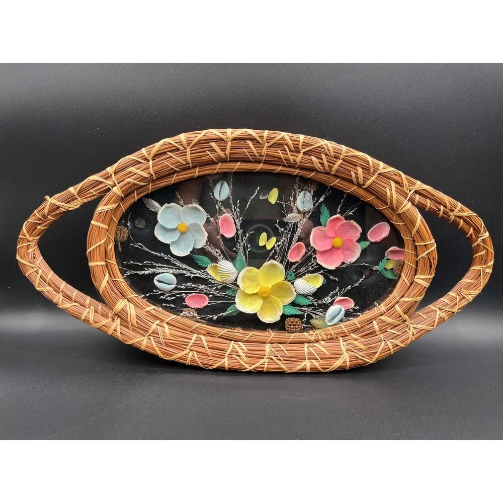 VTG‎ Shell Art Under Glass Tray Woven Sweetgrass Frame Deco Beach Coastal As Is